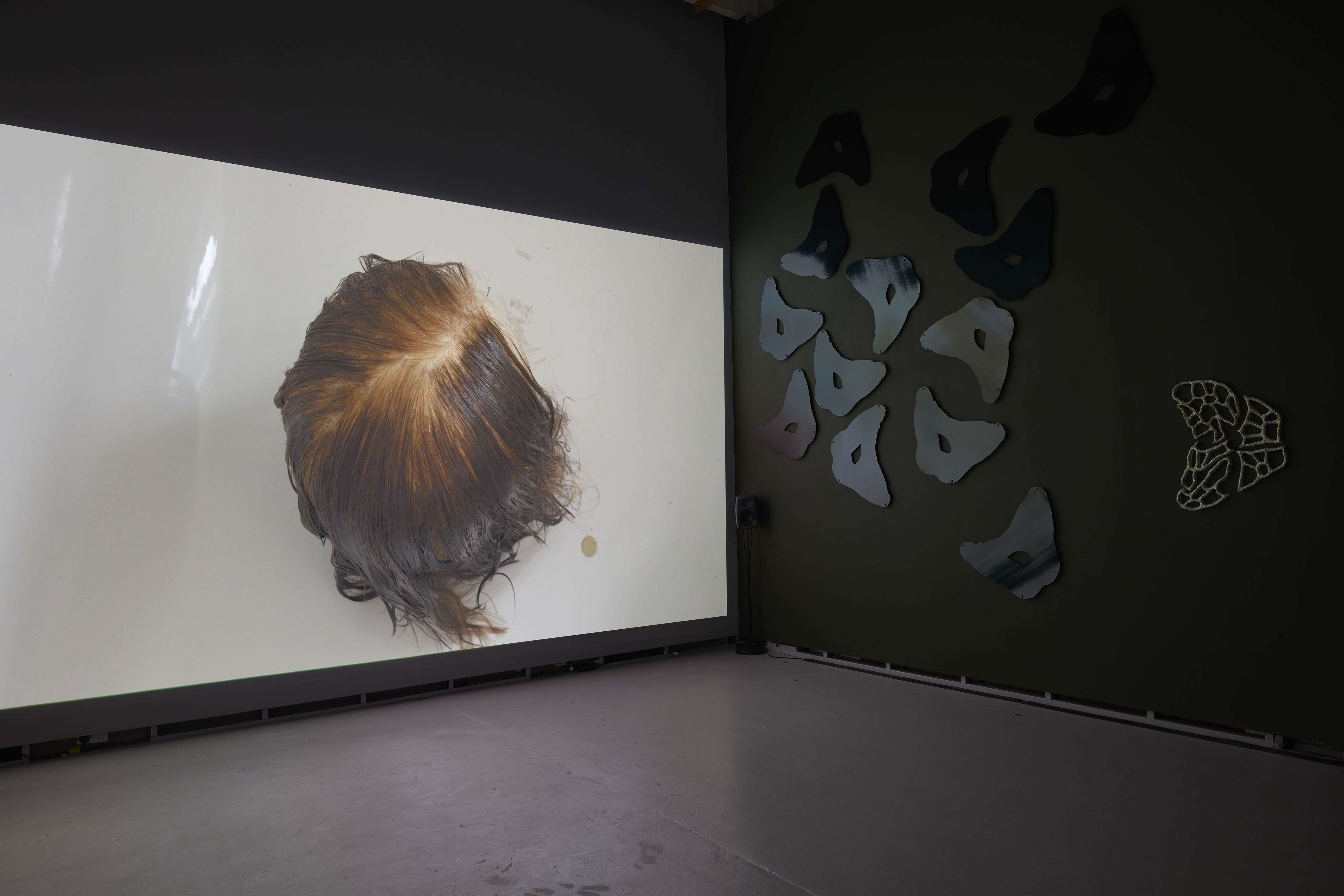 Image shows a film being projected onto, and filling, the back wall of a gallery. The film shows a wig in a bath being filmed from above so you can see the parting in the crown of the hair. Alongside is a dark green wall with several reflective seat shapes reflecting the film and a white sculptural version of the seat.